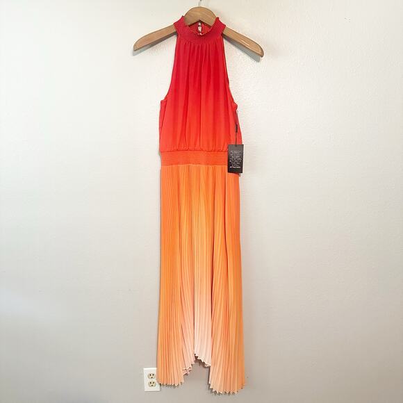WHBM Orange Ombre Halter Pleated Shark-bite Midi Dress women’s size 6 NEW - Picture 3 of 12